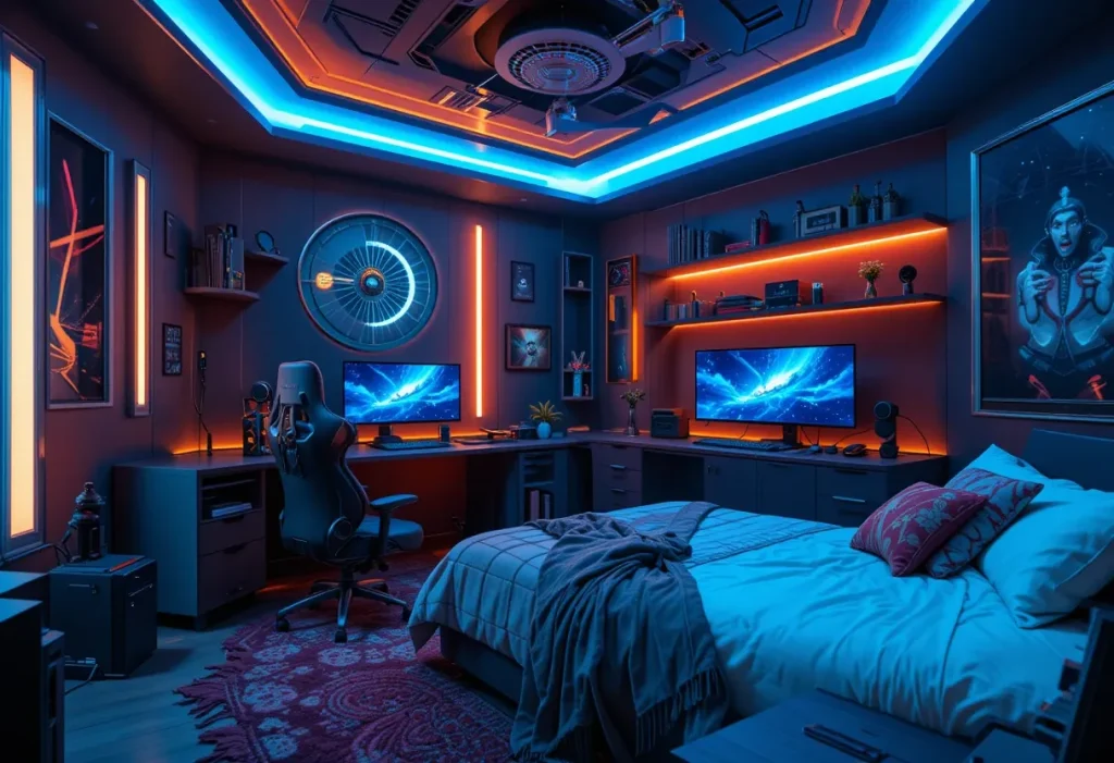 Gaming-themed bedroom setup with dual monitors, LED lights, and a high-backed gamer chair.