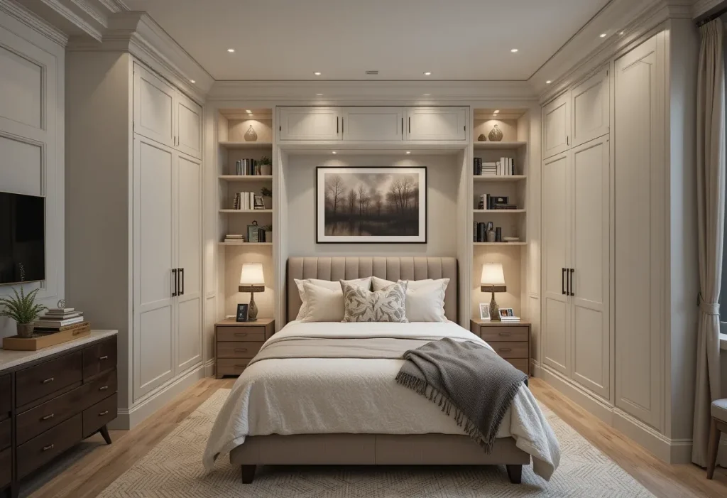 Built-in shelves and cabinets surrounding a bed, painted the same color as the wall for a seamless look.