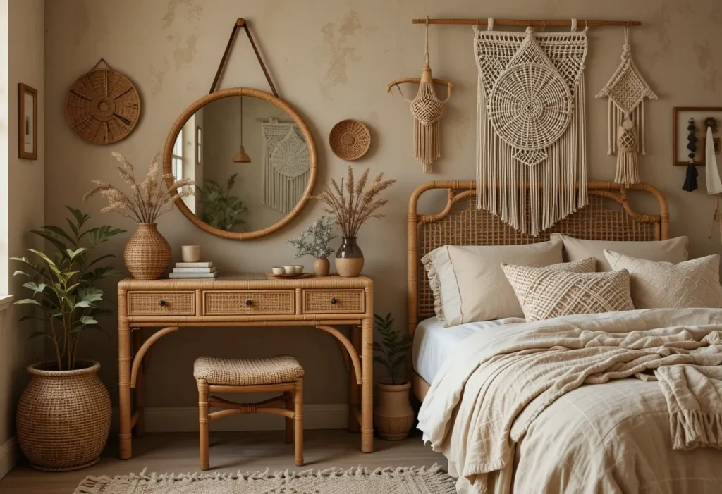 Bohemian bedroom with a rattan vanity, macrame wall art, woven baskets, and earthy-toned decor.