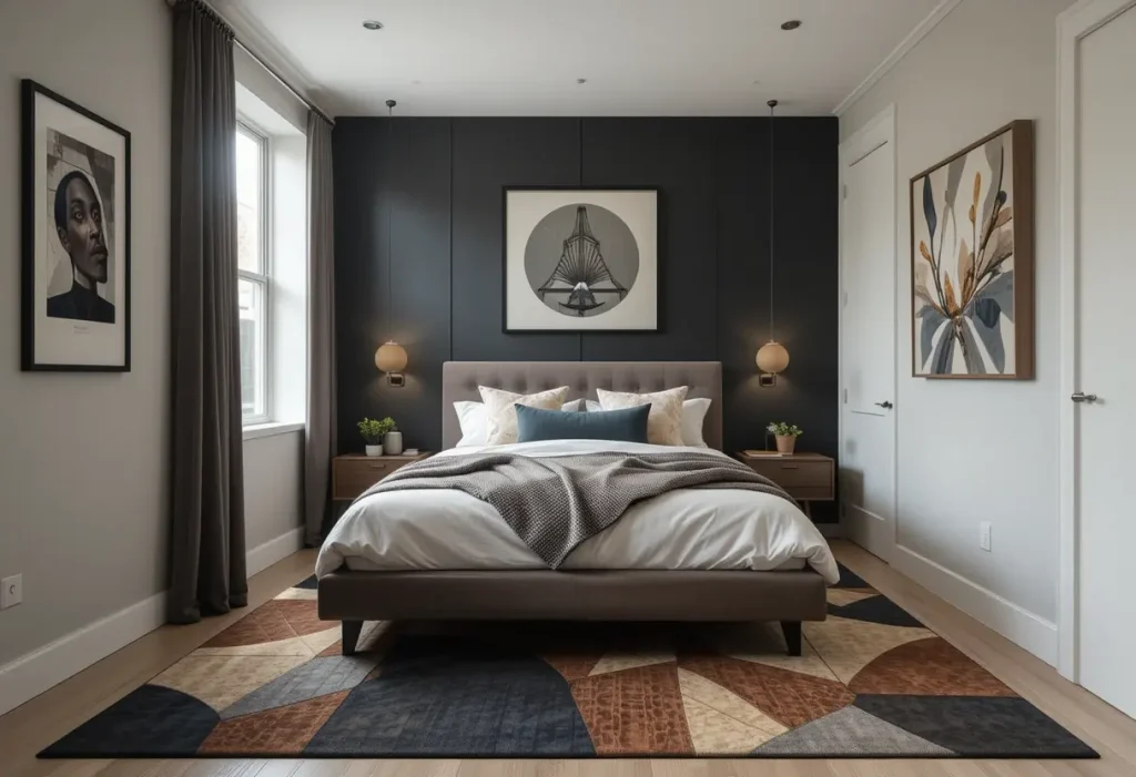 “Small modern bedroom with hidden TV behind wooden sliding panel."