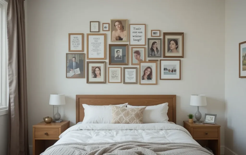 Small bedroom with a single bed under a gallery wall of framed prints and a cozy blanket folded at the foot.