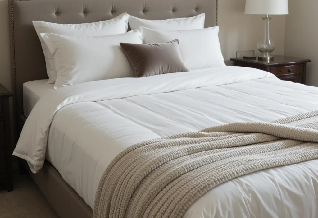 Plush guest bed layered with crisp white sheets, throw blankets, and decorative pillows.