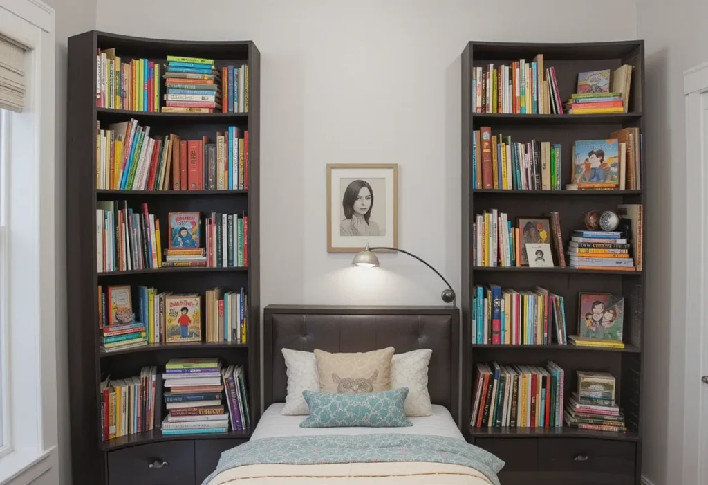 Tall, narrow bookshelves mounted beside a kid’s bed, showcasing colorful books and framed pictures.