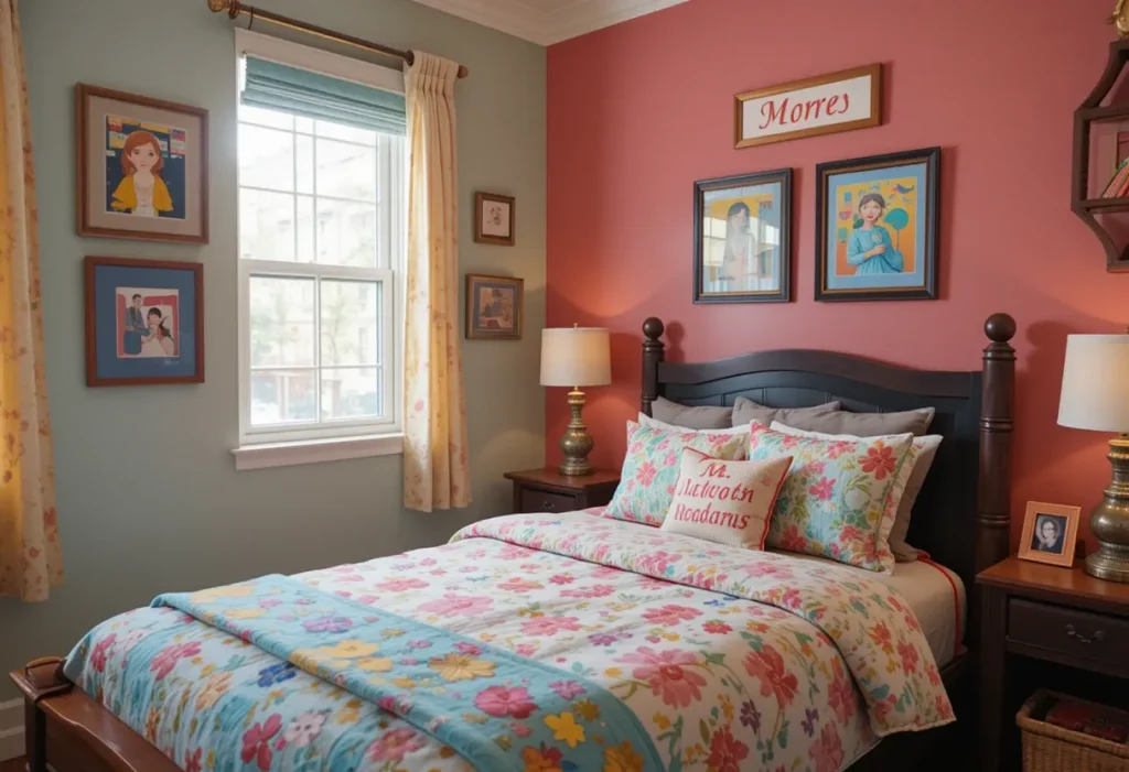 Child’s bedroom with name plaque, custom pillows, framed artwork, and colorful bedding.”