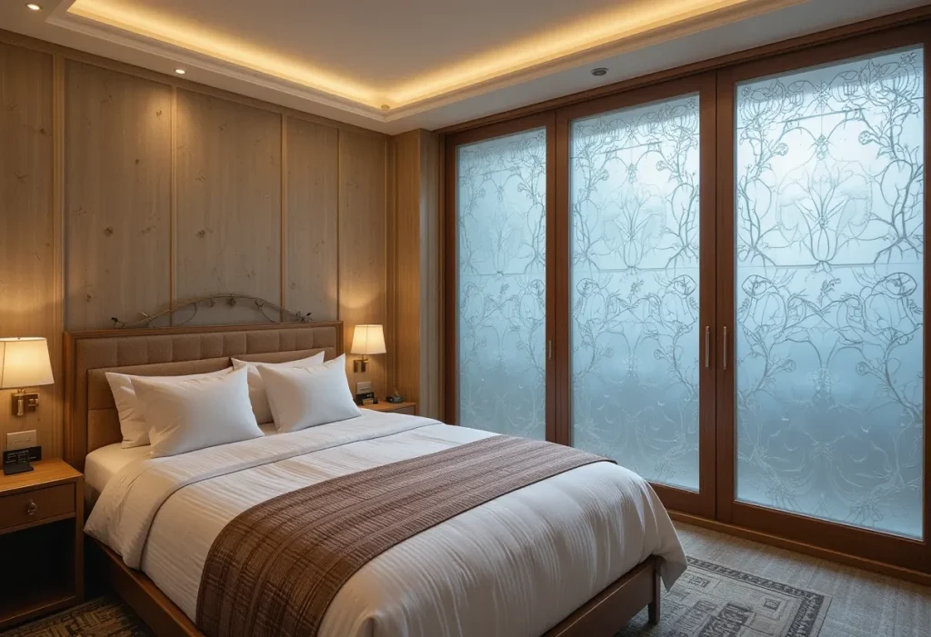 Sliding barn-style door with frosted glass separating a cozy guest room.