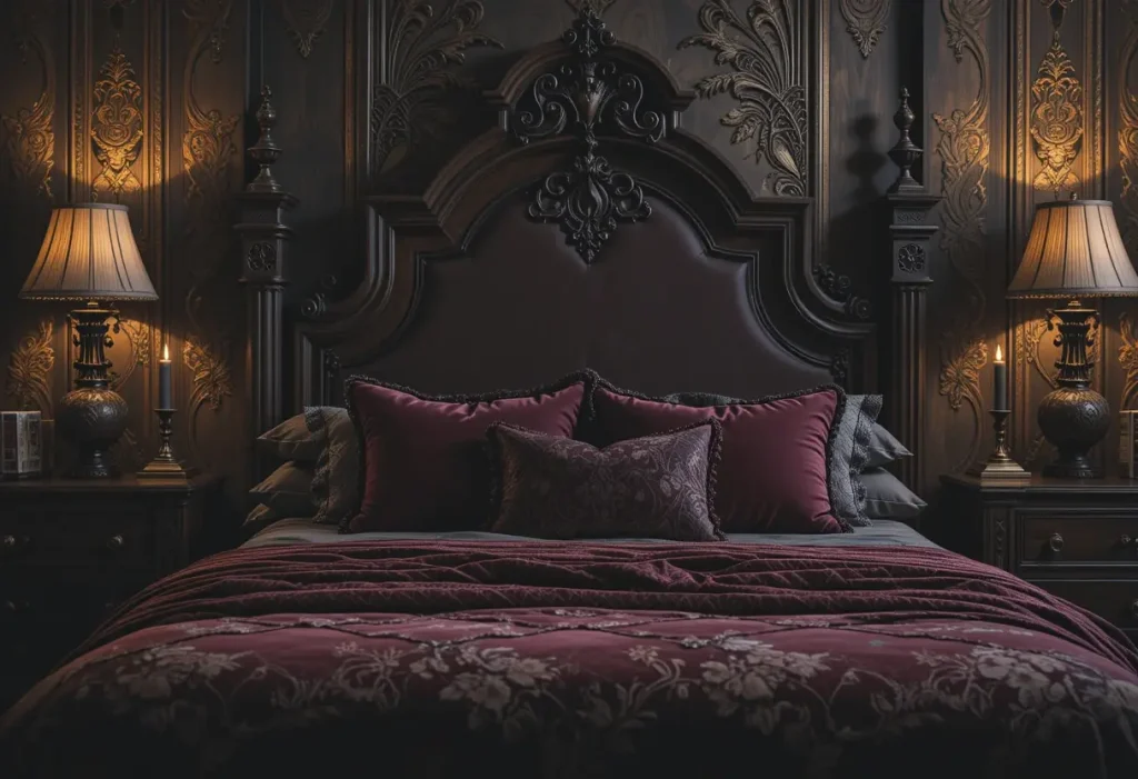 Dark romantic bedroom with gothic-style furniture, carved wood bed, rich fabrics, and moody lighting.