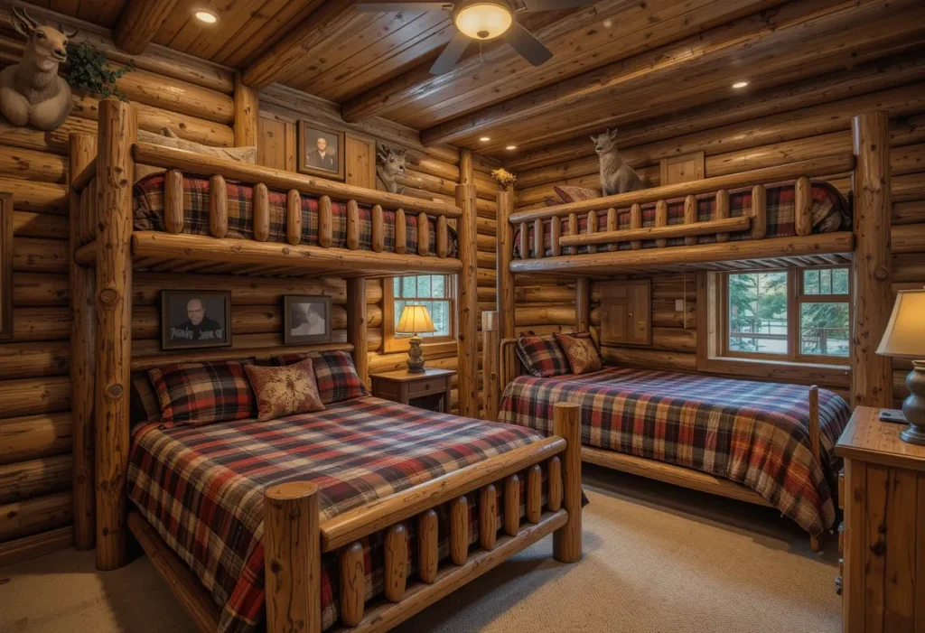 Wood log-style bunkbed with plaid bedding, warm lighting, and outdoorsy decor accents.