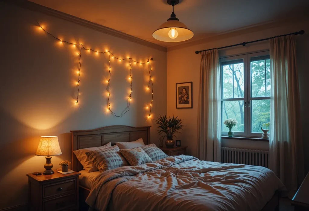 Layered bedroom lighting with warm lamps and string lights.