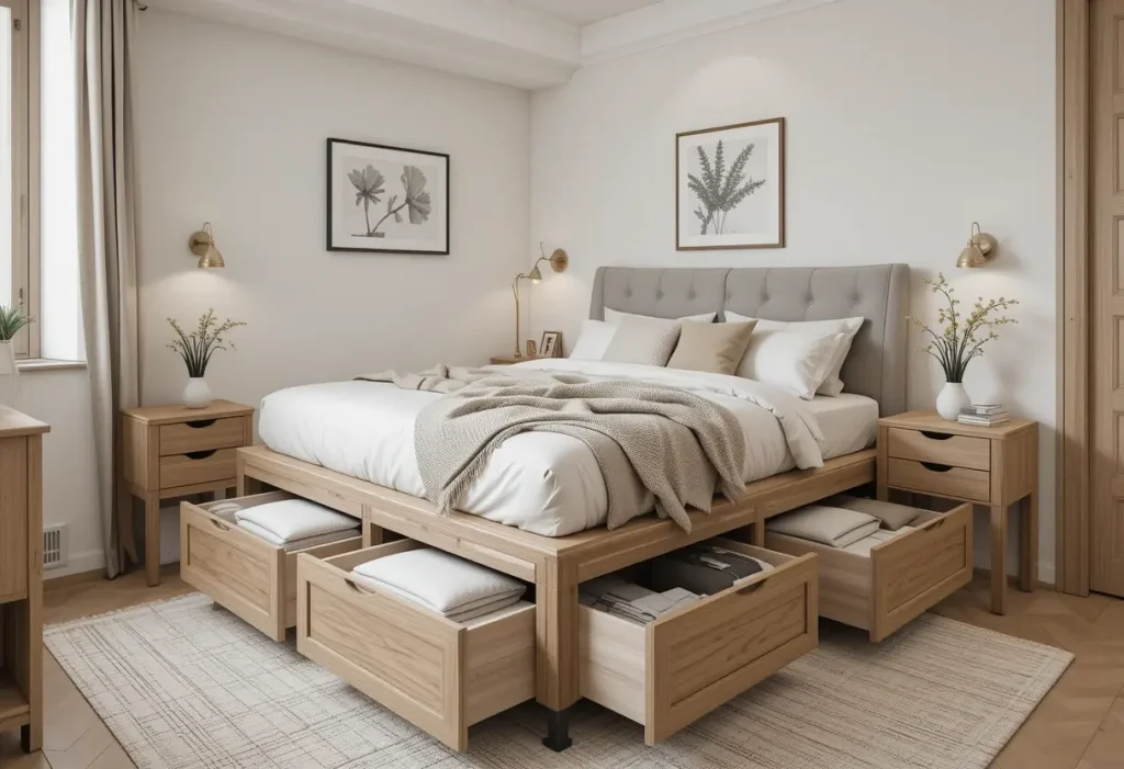 Small bedroom with platform bed and built-in drawers, offering hidden storage and sleek design for couples.