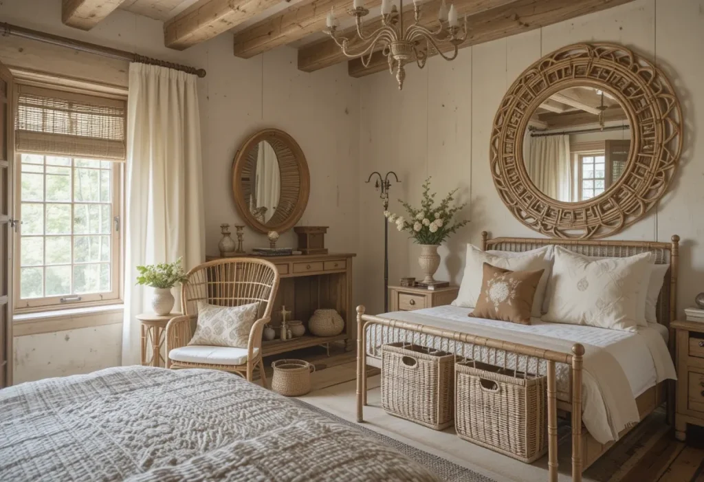 Guest room with wicker chairs, rattan mirror, and woven baskets for storage.