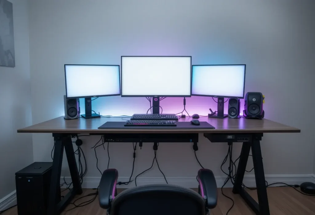 Clean desk setup with all wires hidden using cable trays and velcro straps, creating a sleek gaming environment.