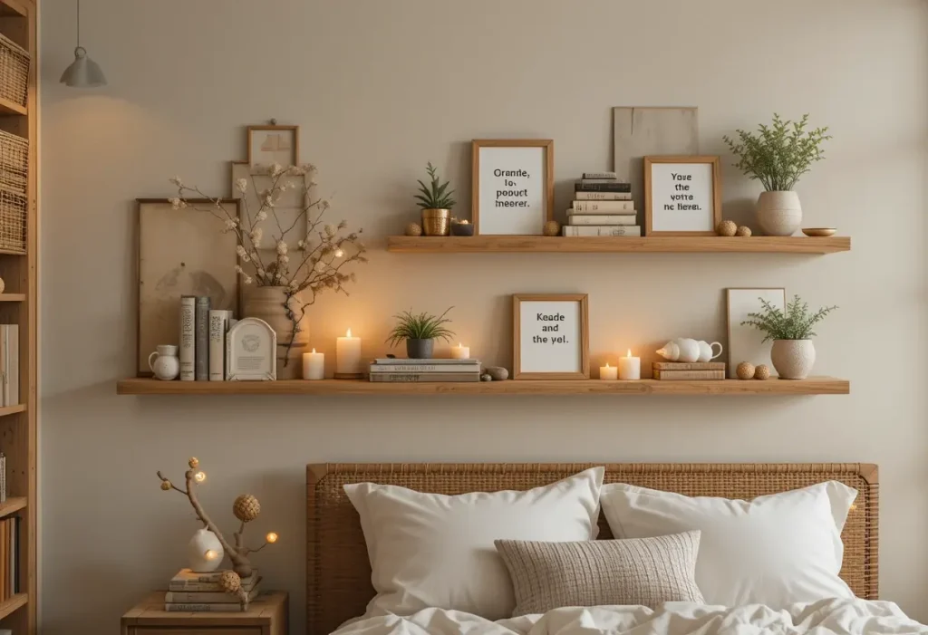 "Bedroom with wooden floating shelves decorated with candles, books, and plants for a cozy, relaxed feel."