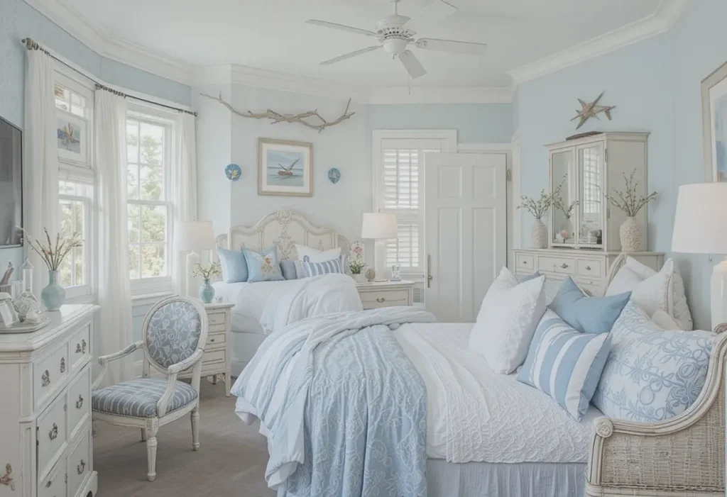 "Beachy guest room with nautical stripes, soft blue and white tones, seashell accents, and breezy decor."