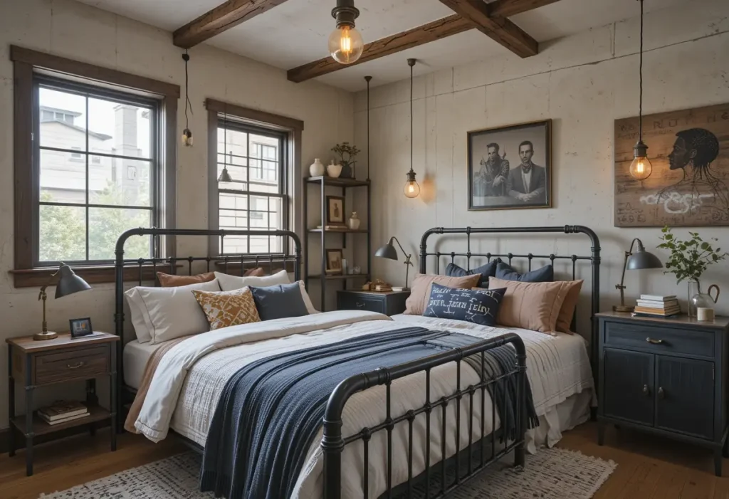 A modern industrial teen room with distressed wood furniture and exposed bulbs.