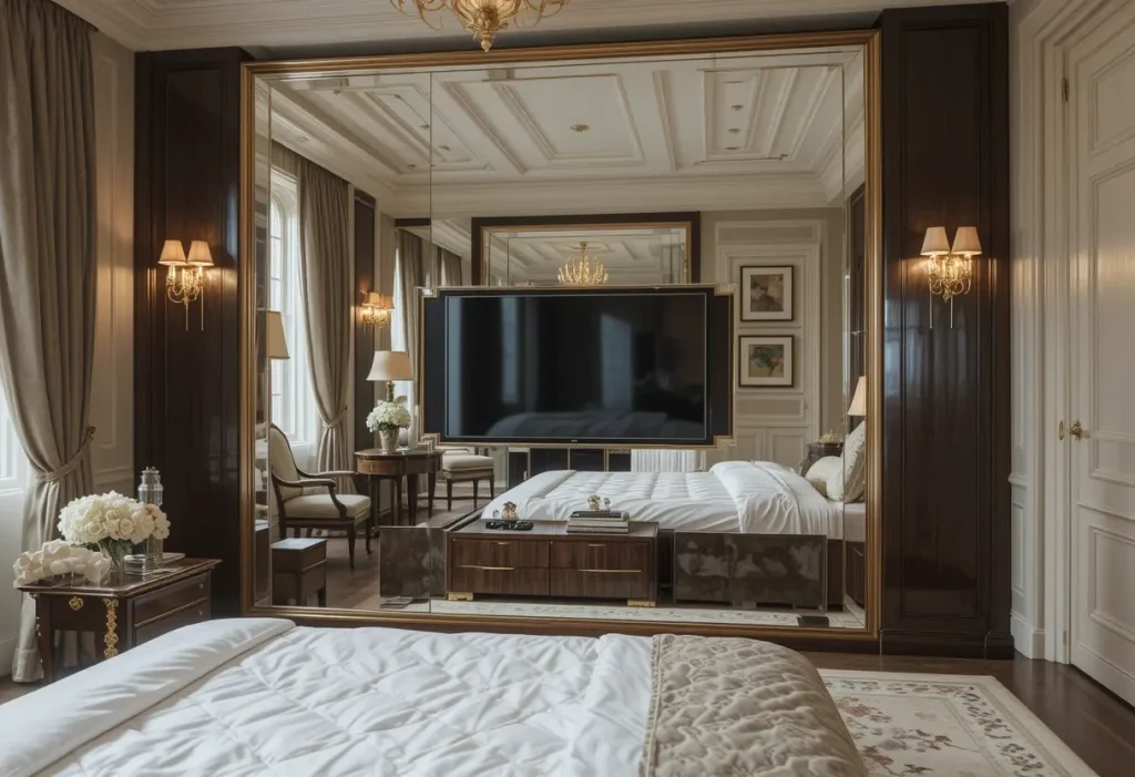 Flat-screen TV hidden inside a decorative wall mirror in a chic brown bedroom.