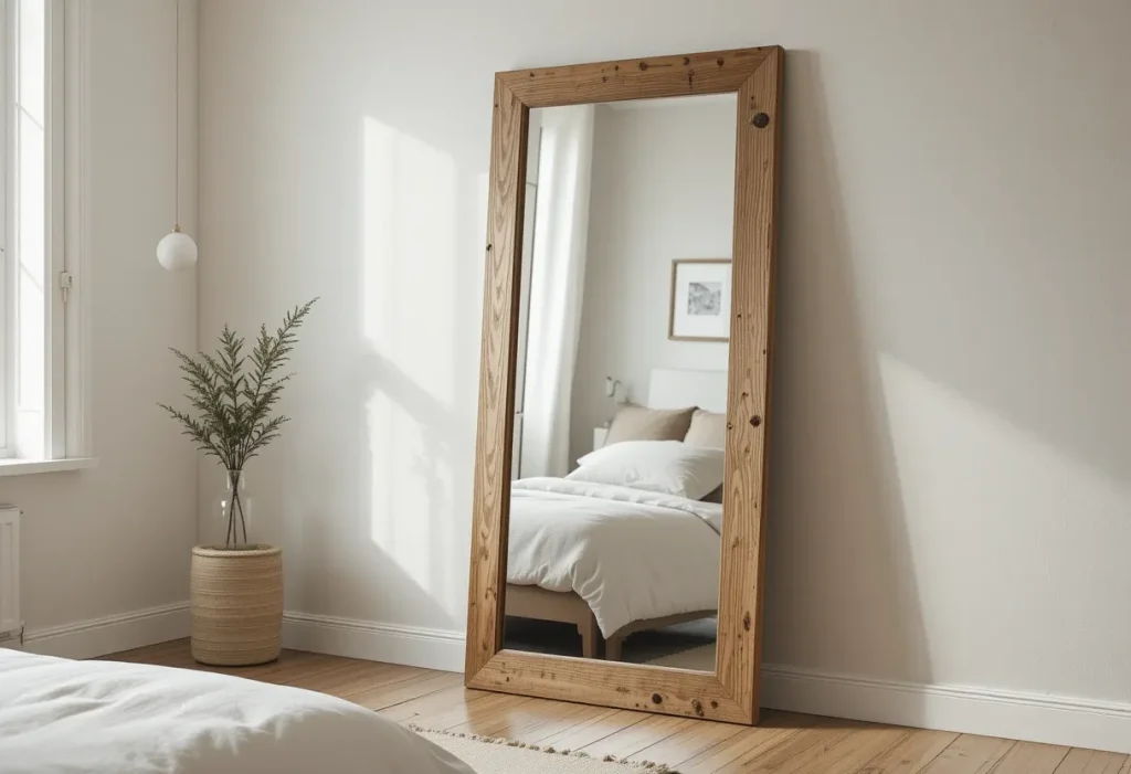 Full-length wood-framed mirror leaning against a bedroom wall, reflecting natural window light.