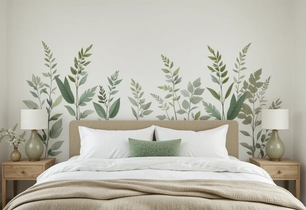 Clean bedroom wall with faint botanical shadow decals in light neutral hues, minimalist furnishings.