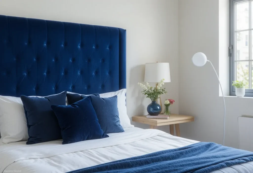 Small bedroom featuring a bold blue velvet headboard with minimal decor for visual impact.