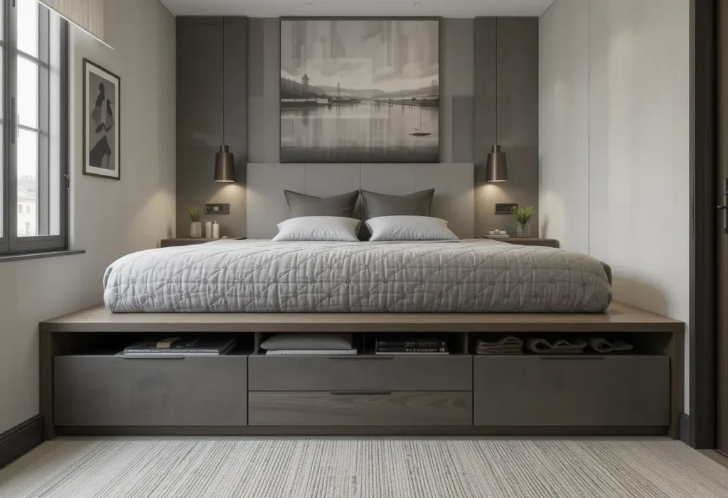 “Bold patterned rug in a stylish small men’s bedroom.”