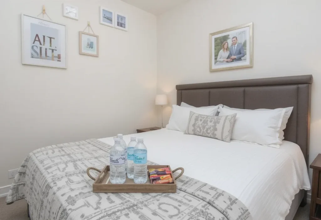 Bedside welcome kit with bottled water, handwritten note, and snack tray for guests.
