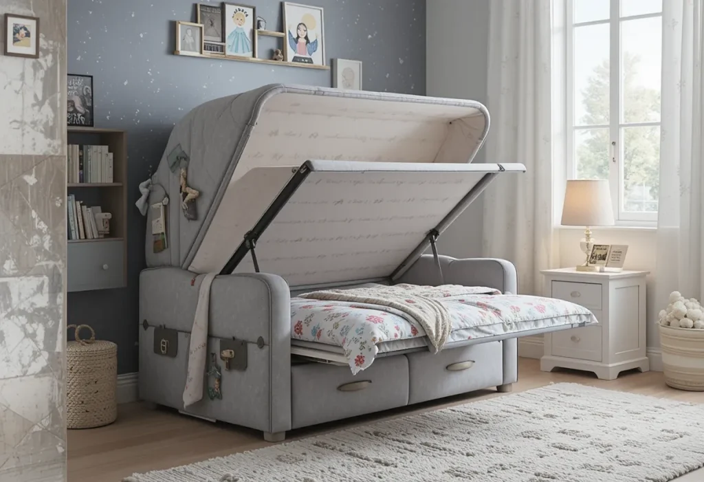Fold-out sleeping chair in a kids’ room, partially opened near a lamp and a side table for reading.
