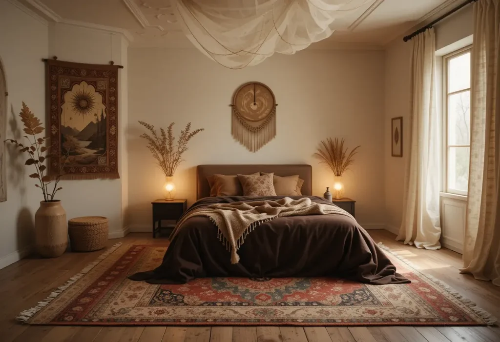 Romantic dark bedroom with layered earthy-toned rugs under the bed and warm, moody lighting.