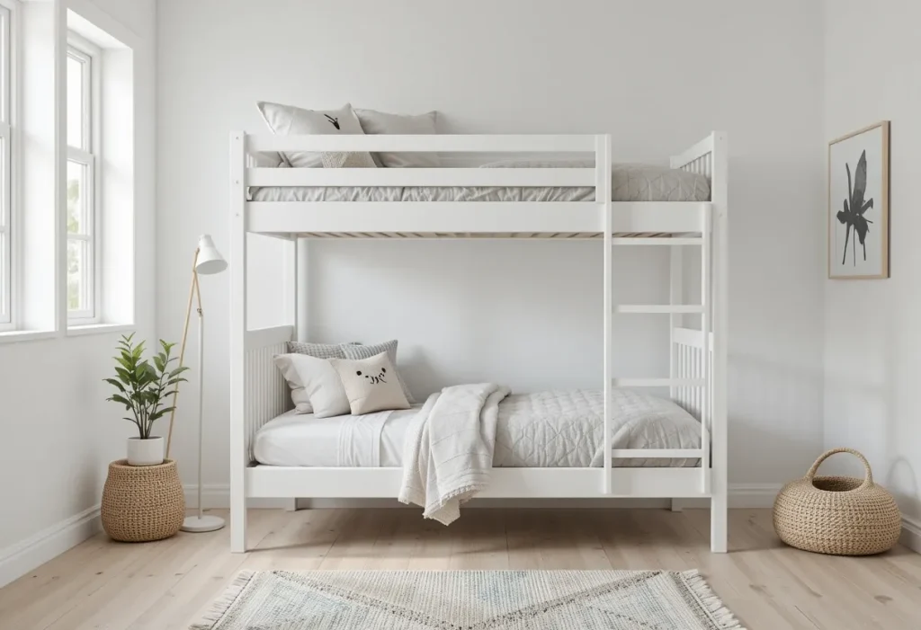 Scandinavian-style room with a white bunkbed, soft beige tones, and simple, clean lines.