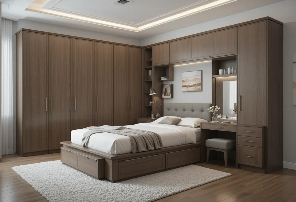 Multi-functional furniture in a compact room with smart storage.