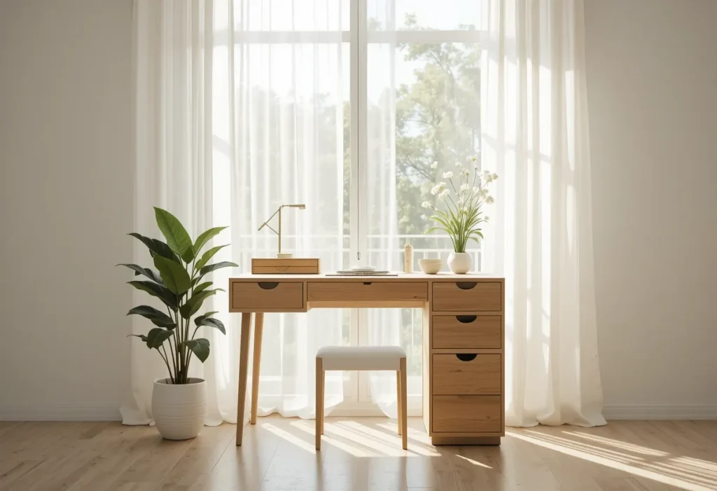Simple vanity placed in front of a window with sheer curtains, offering natural light and calm vibes.
