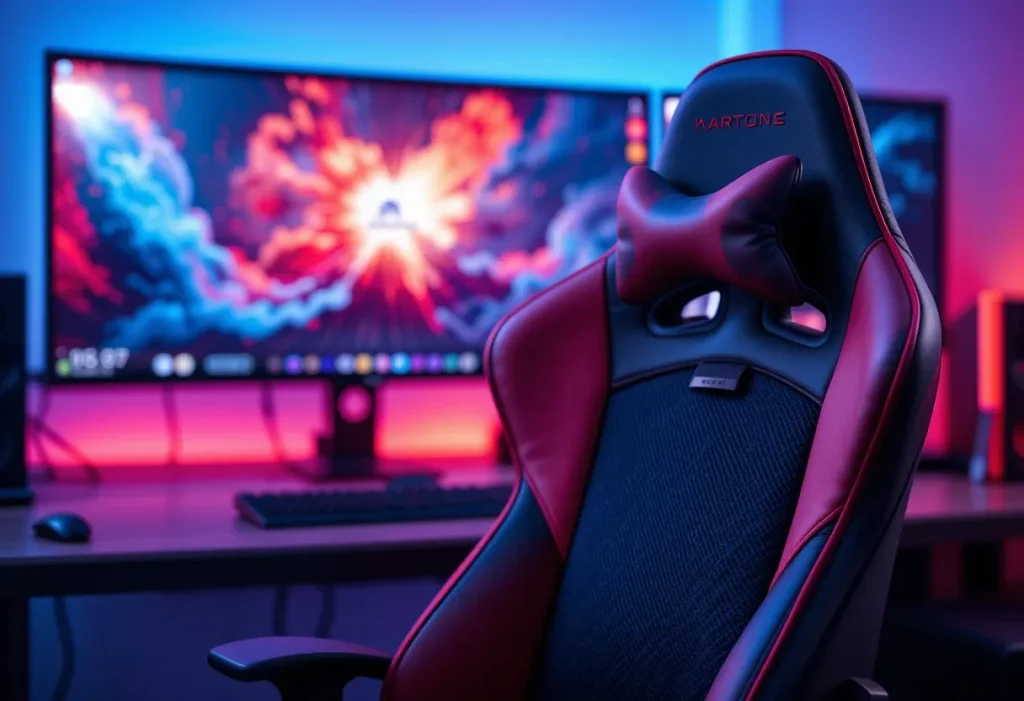 Ergonomic gaming chair with neck support and stylish accents, placed in front of a dual-monitor setup.