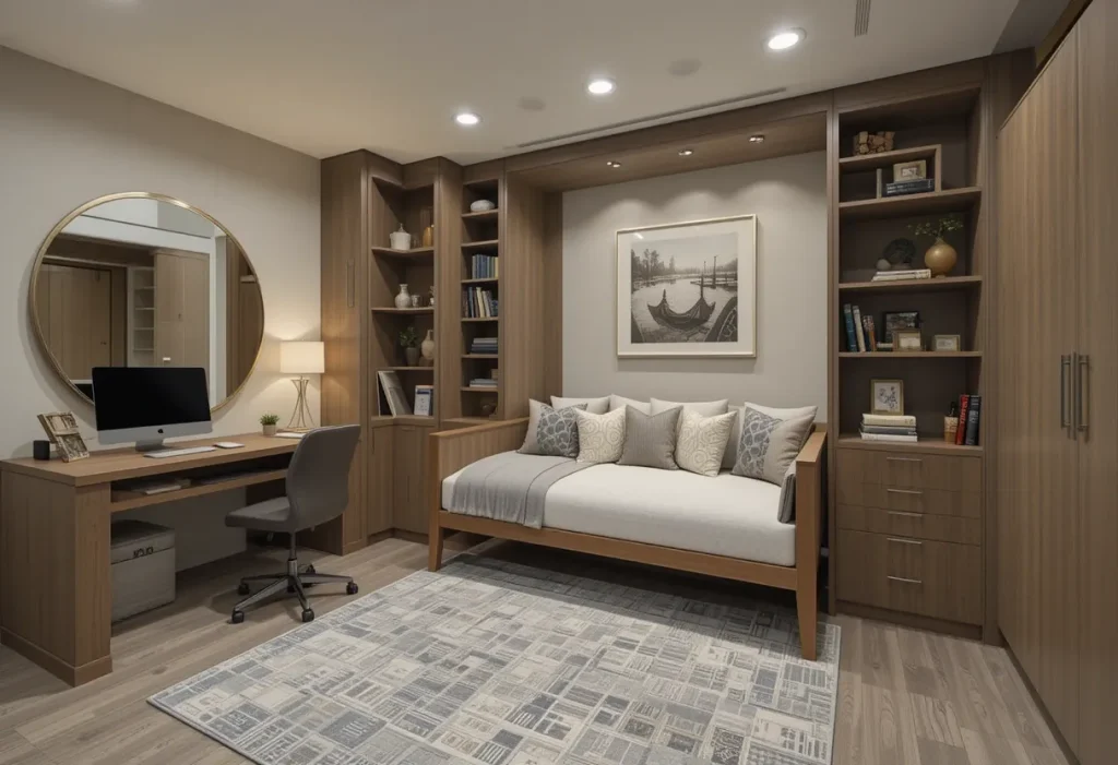 Room that combines a daybed, desk, and storage to function as both guest space and home office.