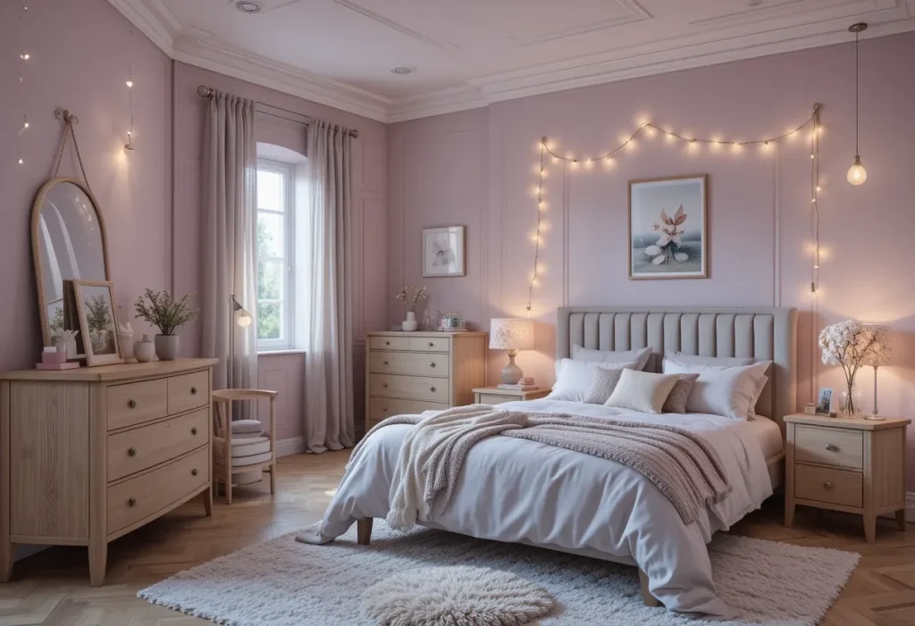 Stylish full room with grey furniture and purple accents in rugs, artwork, and pillows.