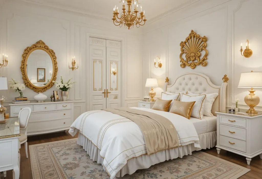 "White bedroom furniture with elegant gold accents and warm lighting"