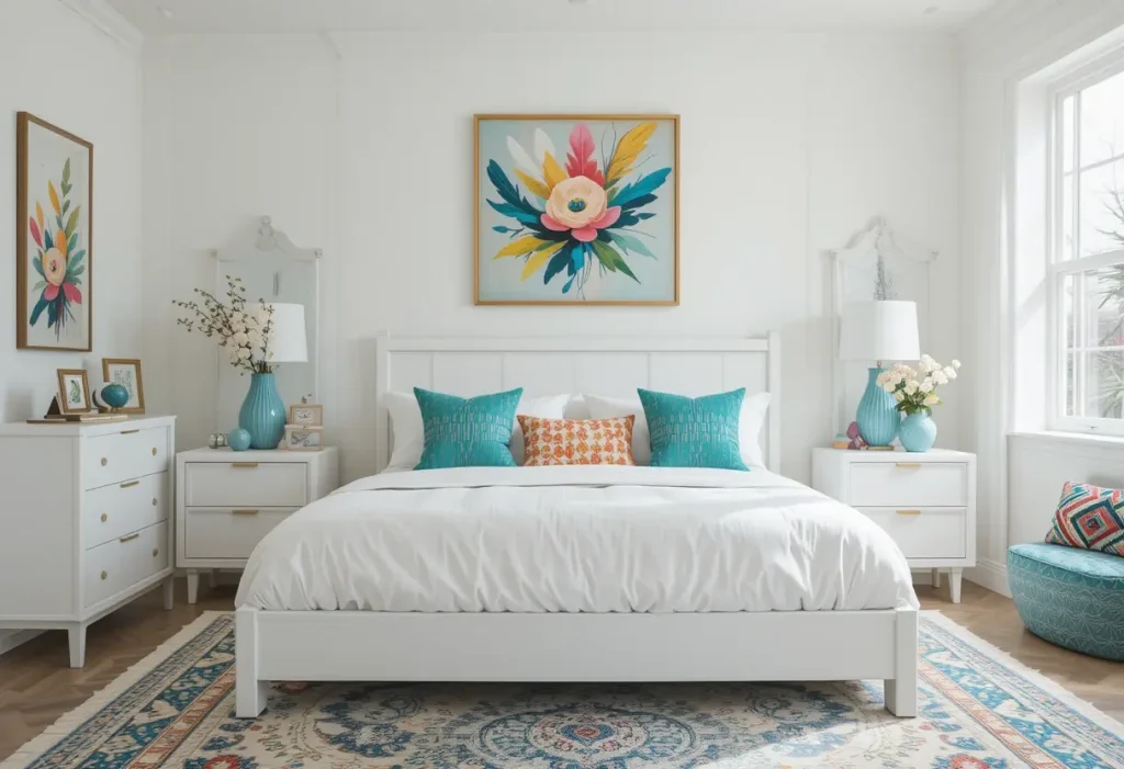 "White bedroom furniture with colorful pillows, rug, and artwork for a bold look"