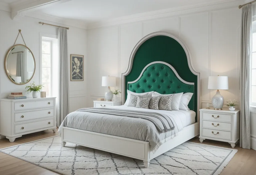"White bedroom with eye-catching headboard and minimalist white furniture"
