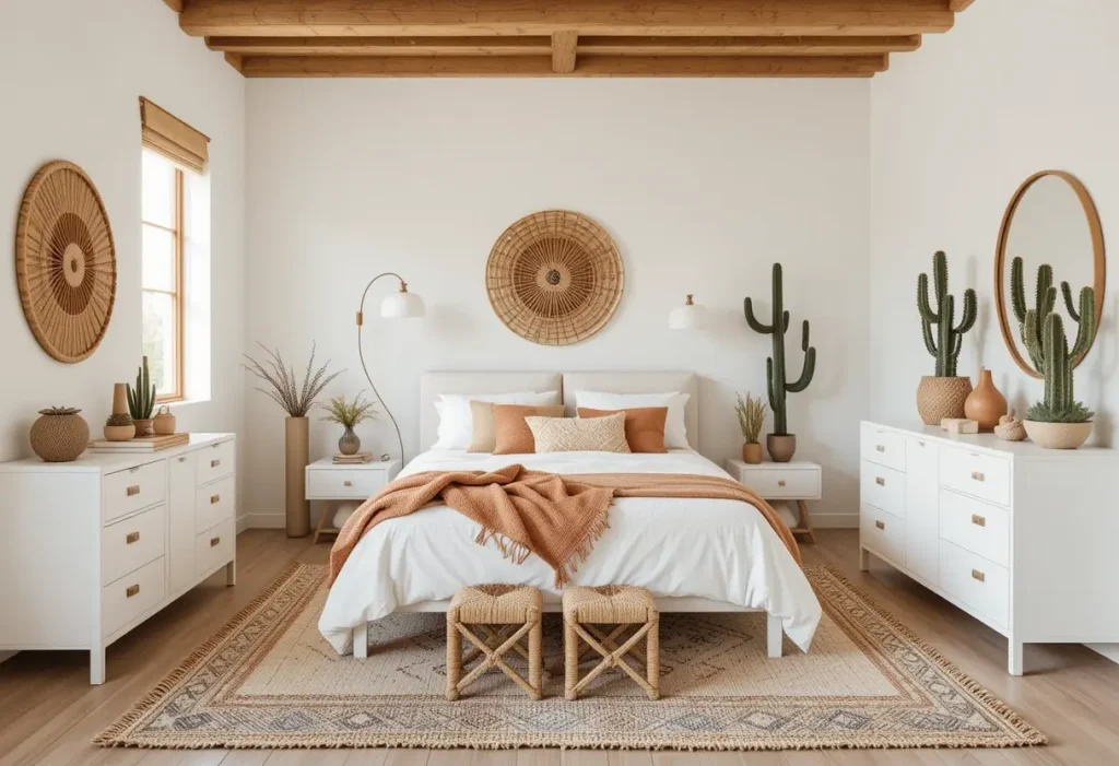 "White furniture in a desert-inspired bedroom with terracotta and natural textures"