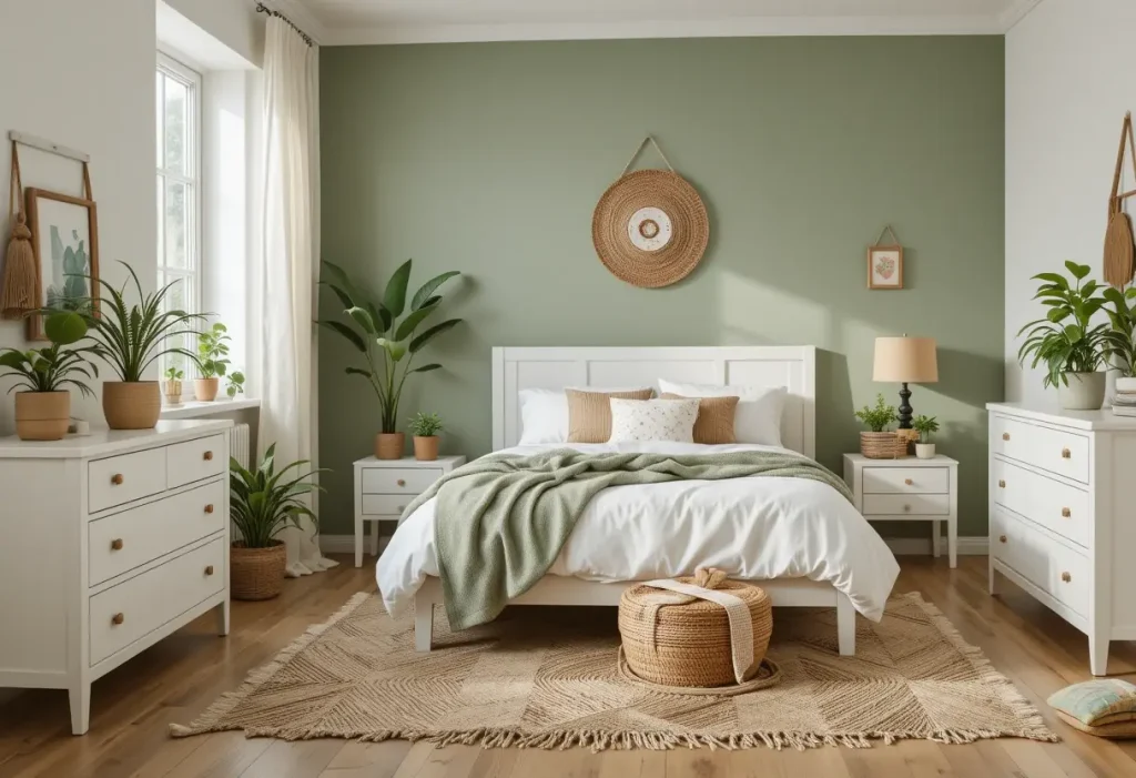 "White furniture in a nature-inspired bedroom with green and earthy accents"