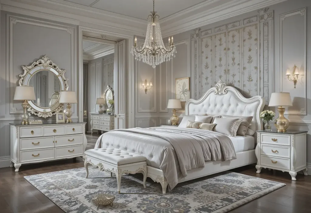 "Glam bedroom with white furniture, velvet textures, and sparkling metallic details"