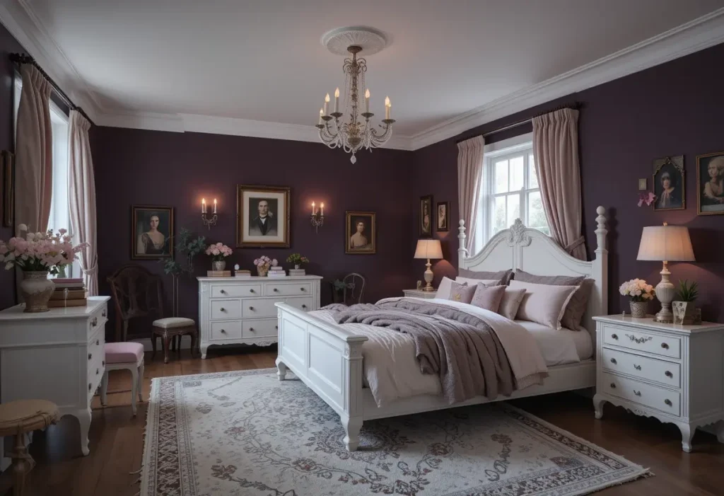 "Romantic bedroom with white furniture, dark walls, and soft, vintage-inspired details"