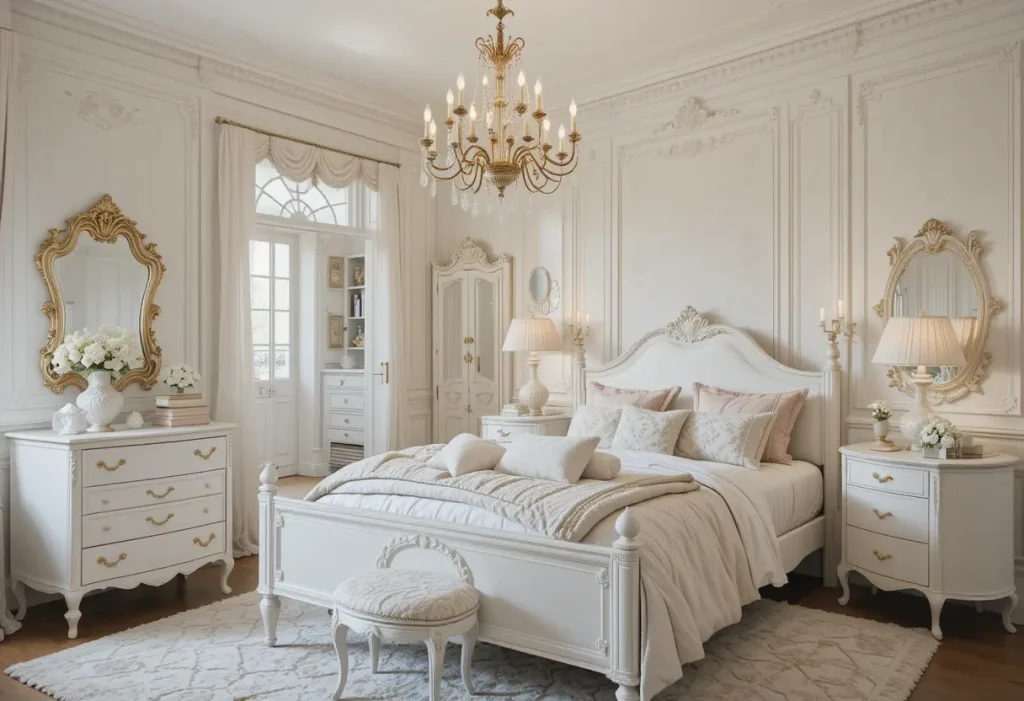 "Parisian chic bedroom with white furniture, chandelier, and vintage accents"
