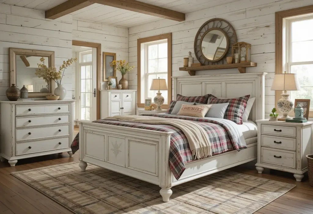 "Farmhouse bedroom with white distressed furniture, wood accents, and cozy textiles"