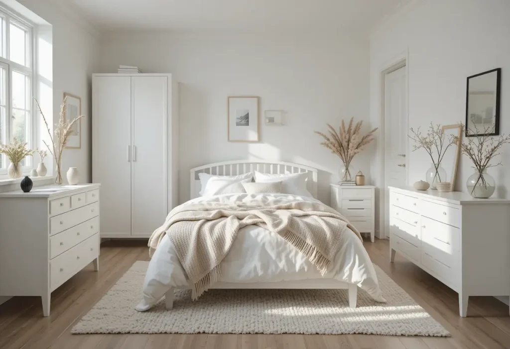 "Scandinavian bedroom with white furniture, natural textures, and cozy neutral tones"