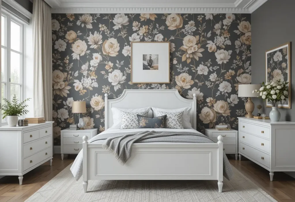 "White bedroom furniture with eye-catching patterned wallpaper on the accent wall"