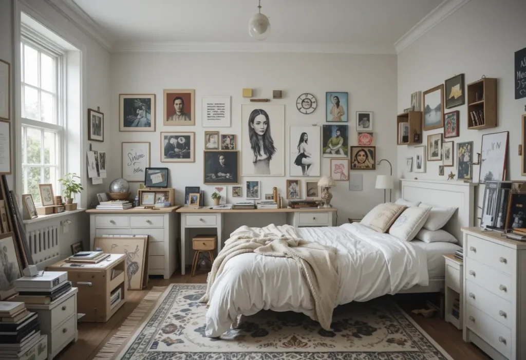 "Creative bedroom with white furniture and studio-style artistic touches like canvas art and gallery walls"