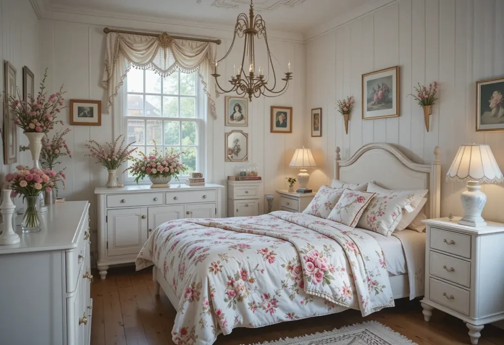 "White bedroom furniture styled with cottagecore elements like florals, pastels, and vintage charm"
