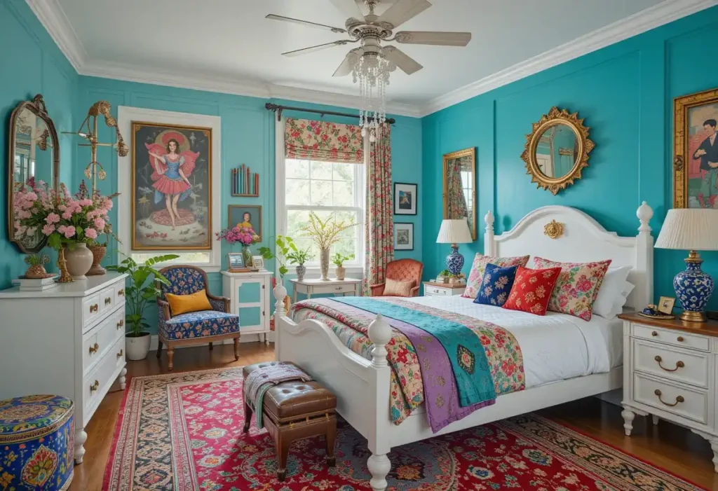 "Eclectic bedroom with white furniture and a mix of bold patterns, colors, and unique decor"