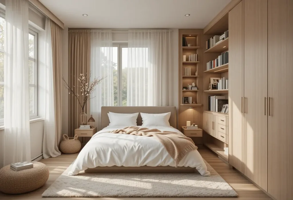 "Small bedroom with cozy textures, natural light, and smart storage, creating a warm and peaceful vibe.