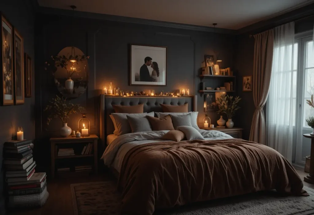 Romantic dark cozy bedroom with moody lighting, charcoal walls, soft bedding, candles, and warm wooden decor accents.