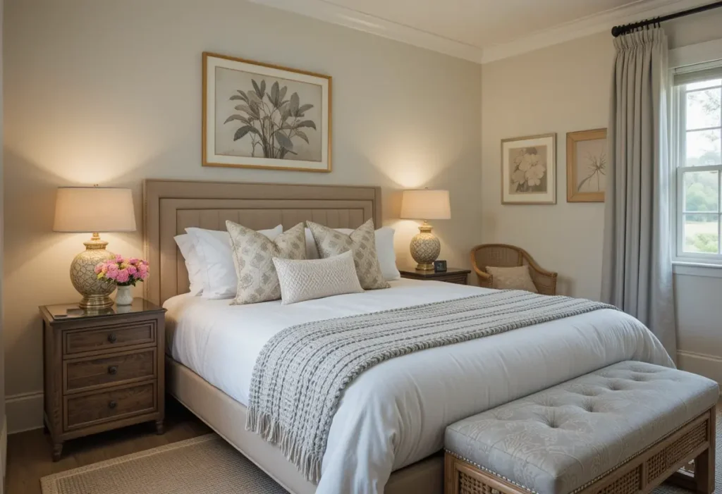 "Stylish and cozy guest bedroom with a neatly made bed, layered pillows, soft lighting, and welcoming decor touches like fresh flowers and artwork."