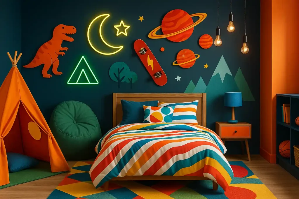 A playful, science-themed boy’s bedroom with lab decor, glowing lights, and planet models